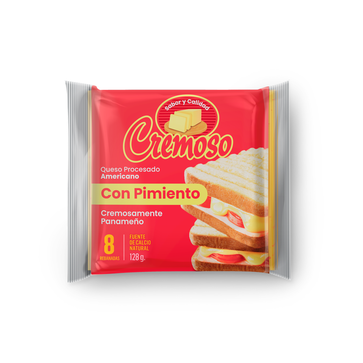 Cremoso Queso Amarillo Tipo Americano Con Pimiento 8 Reb 128g