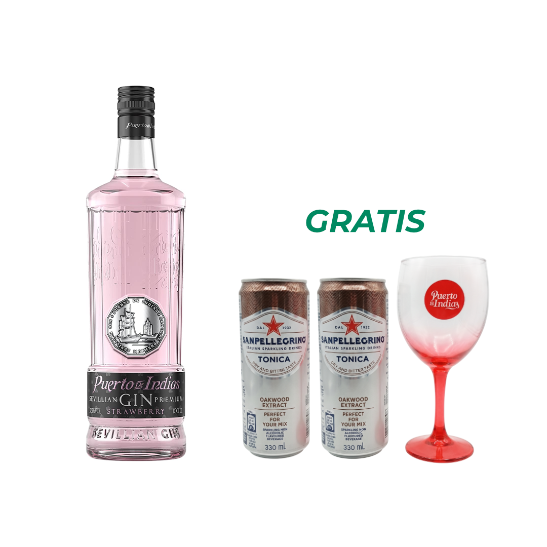Puerto De Indias Strawberry Gin Premium 750 ml + 2 Tónicas y 1 copa