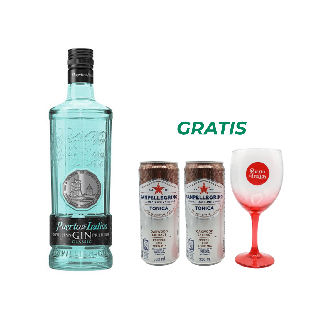 Puerto De Indias Classic Gin Premium 750 ml + 2 Tónicas y 1 copa